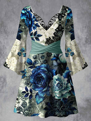 Retro Floral Art Printed Vintage Lace Butterfly Pleated Waist Long Sleeves Midi Dress