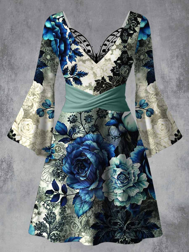 Retro Floral Art Printed Vintage Lace Butterfly Pleated Waist Long Sleeves Midi Dress