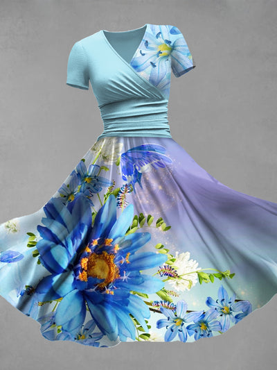 Retro Floral Art Printed Vintage V-Neck Pleated Waist Short Sleeve Midi Dress
