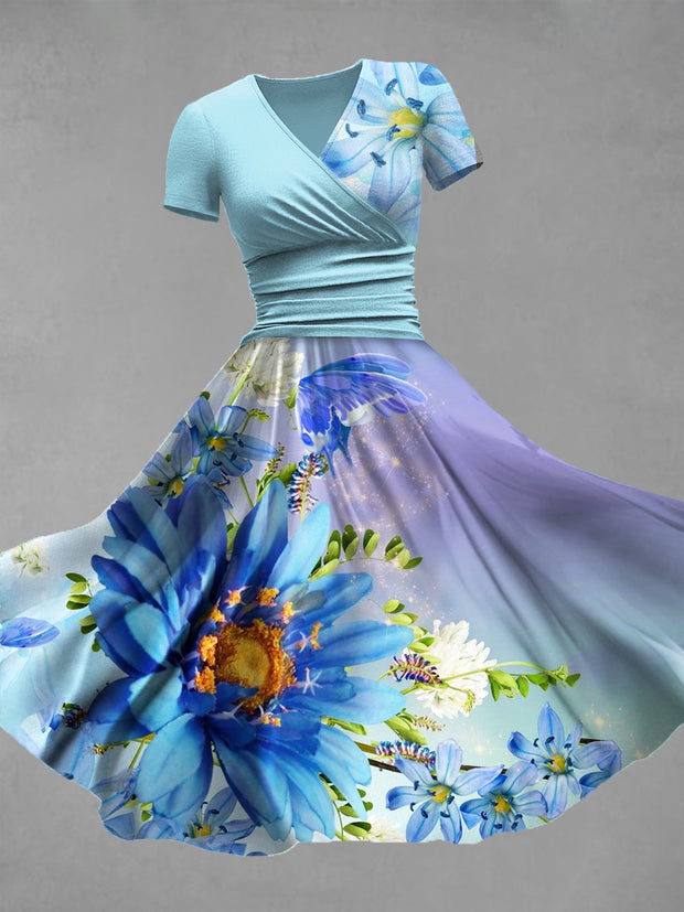 Retro Floral Art Printed Vintage V-Neck Pleated Waist Short Sleeve Midi Dress