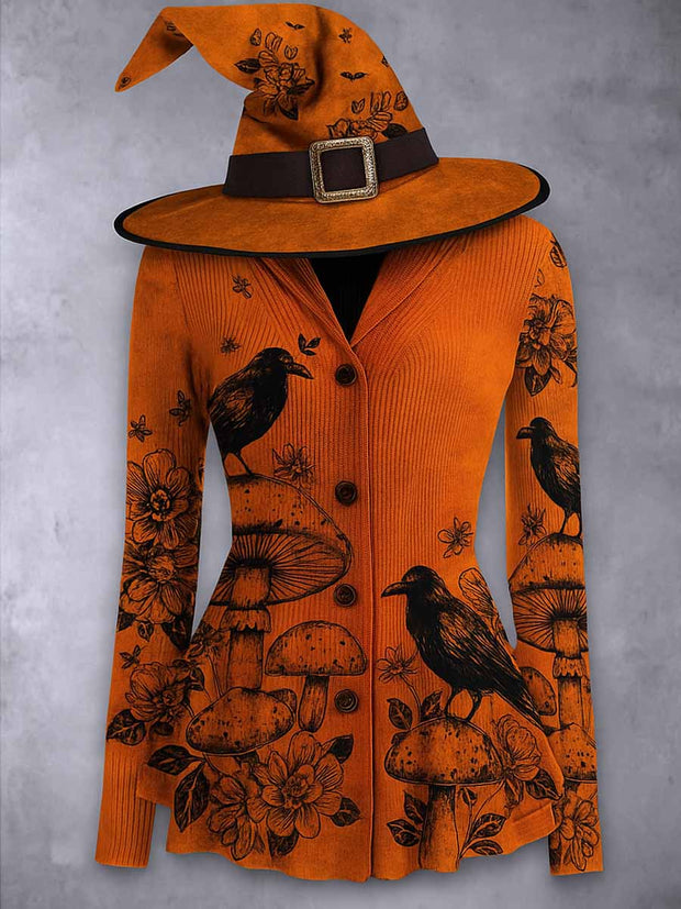 Gothic Crow Art Print Vintage Lapel V-Neck Long Sleeve Button up Cardigan Top