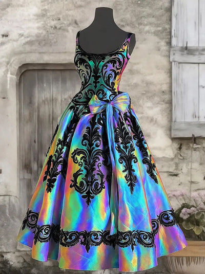 Retro Gothic Floral Art Print V-Neck Sleeveless Cotton Maxi Dress