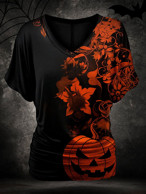 Retro Happy Halloween Floral Printed Vintage Lapel V-Neck Vintage Relaxed Loose Batwing Sleeve Top