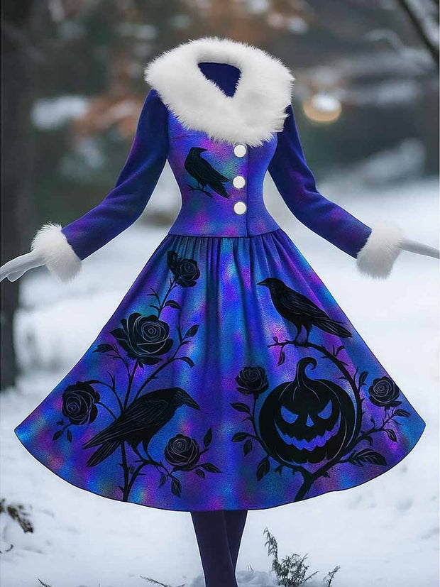 Gothic Raven Art Print Vintage Elegant Furry Fur Collar Long Sleeve Midi Dress