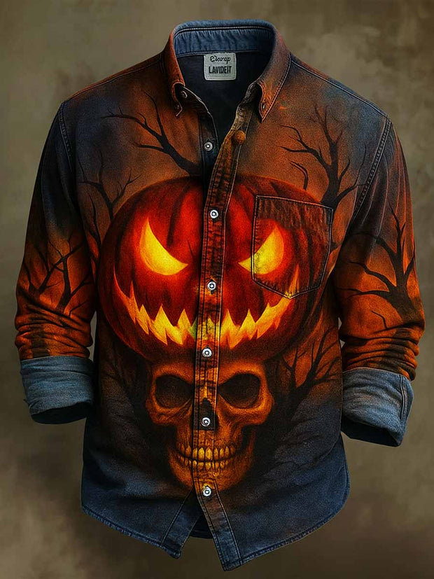 Retro Halloween Gothic Art Abstract Printed Cotton Vintage Casual Cotton Long Sleeve Shirt