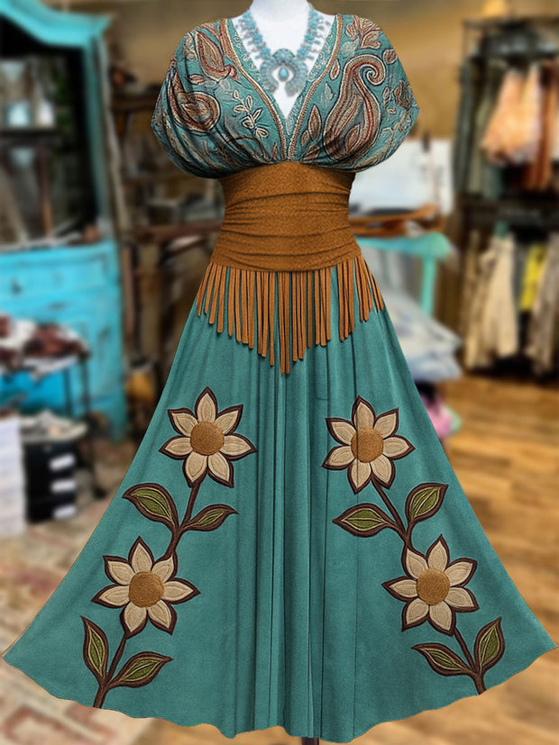 Retro Suede Fringes Floral Carved Art Printed Elegant V-Neck Vintage Batwing Short Sleeve Maxi Dress