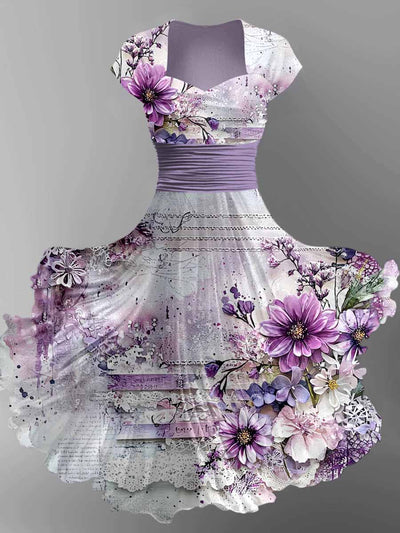 Retro Floral Art Printed Vintage V-Neck Pleated Waist Short Sleeve Midi Dress