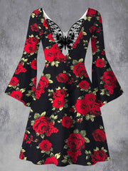 Retro Floral Art Printed Vintage Lace Butterfly Pleated Waist Long Sleeves Midi Dress