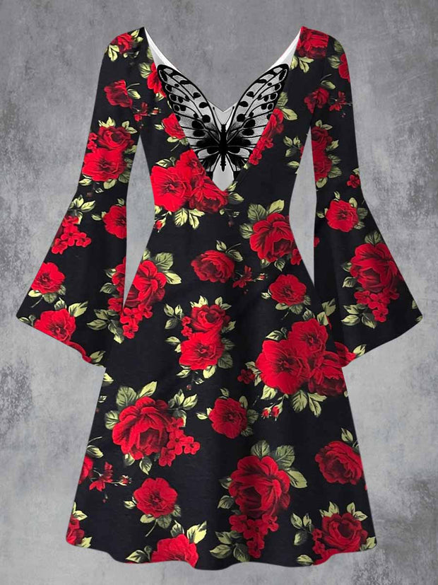 Retro Floral Art Printed Vintage Lace Butterfly Pleated Waist Long Sleeves Midi Dress