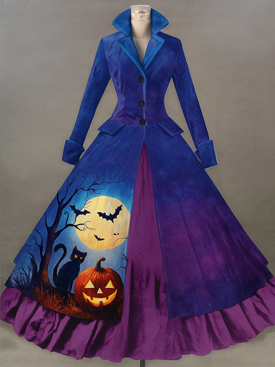 Retro Gothic Skull Floral Art Printed Vintage Lapel V-Neck Button Up Double Hem Long-Sleeved Midi Dress