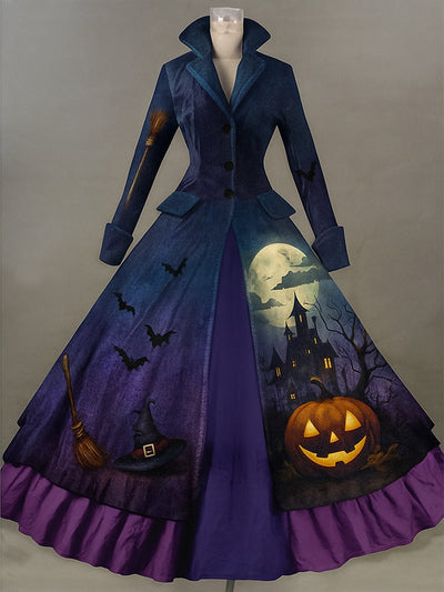 Retro Gothic Skull Floral Art Printed Vintage Lapel V-Neck Button Up Double Hem Long-Sleeved Midi Dress