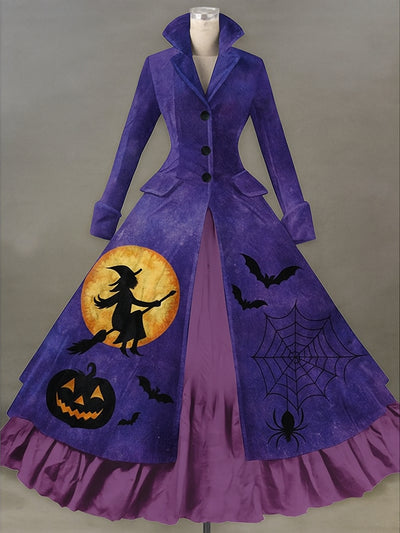 Retro Gothic Skull Floral Art Printed Vintage Lapel V-Neck Button Up Double Hem Long-Sleeved Midi Dress