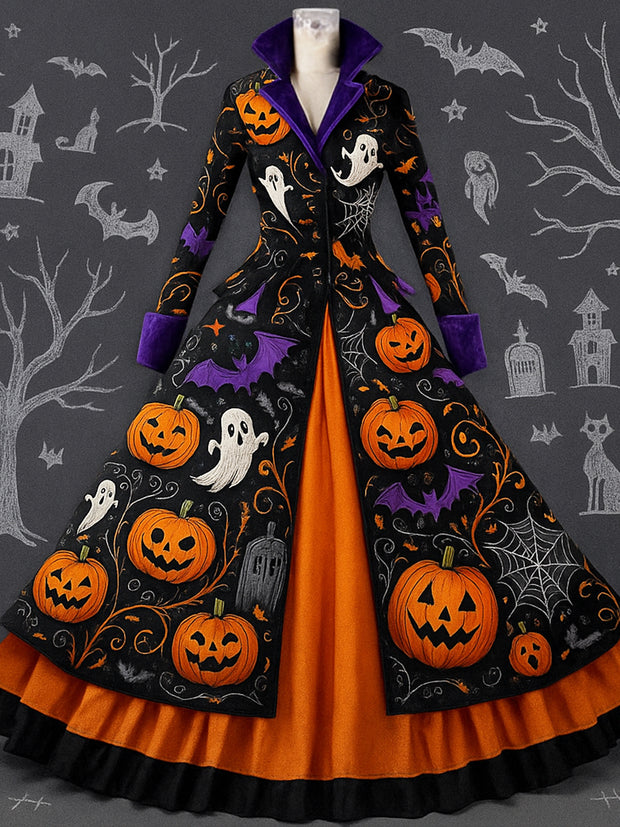 Retro Gothic Skull Floral Art Printed Vintage Lapel V-Neck Button Up Double Hem Long-Sleeved Midi Dress