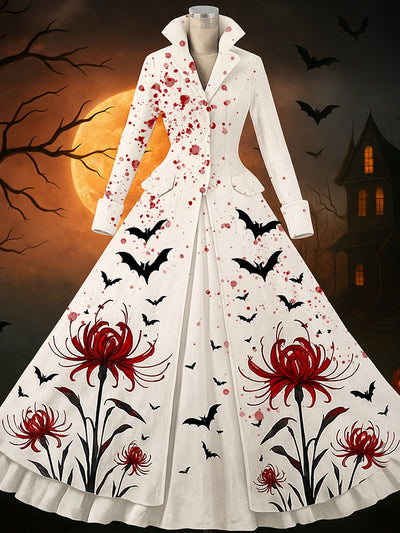 Retro Gothic Skull Floral Art Printed Vintage Lapel V-Neck Button Up Double Hem Long-Sleeved Midi Dress