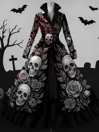 Retro Gothic Skull Floral Art Printed Vintage Lapel V-Neck Button Up Double Hem Long-Sleeved Midi Dress