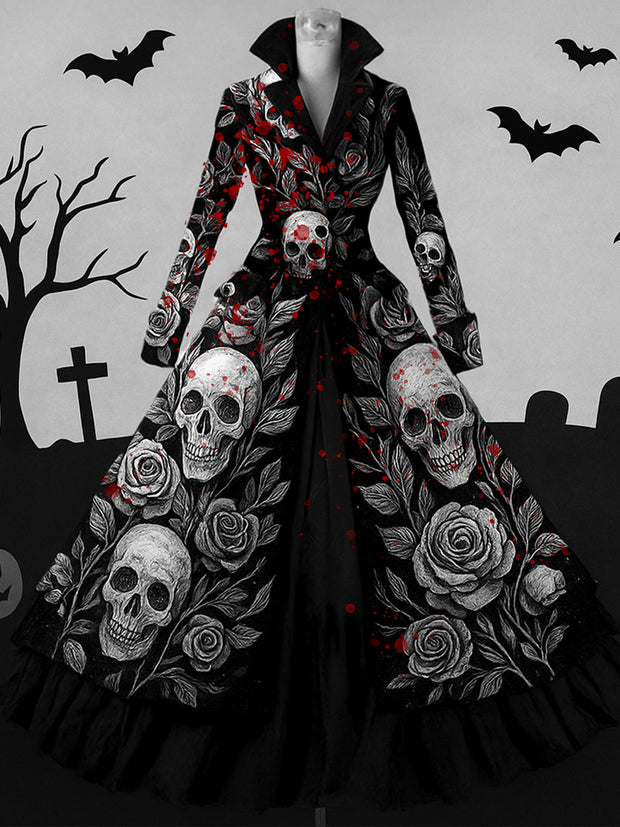 Retro Gothic Skull Floral Art Printed Vintage Lapel V-Neck Button Up Double Hem Long-Sleeved Midi Dress