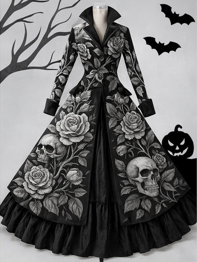 Retro Gothic Skull Floral Art Printed Vintage Lapel V-Neck Button Up Double Hem Long-Sleeved Midi Dress