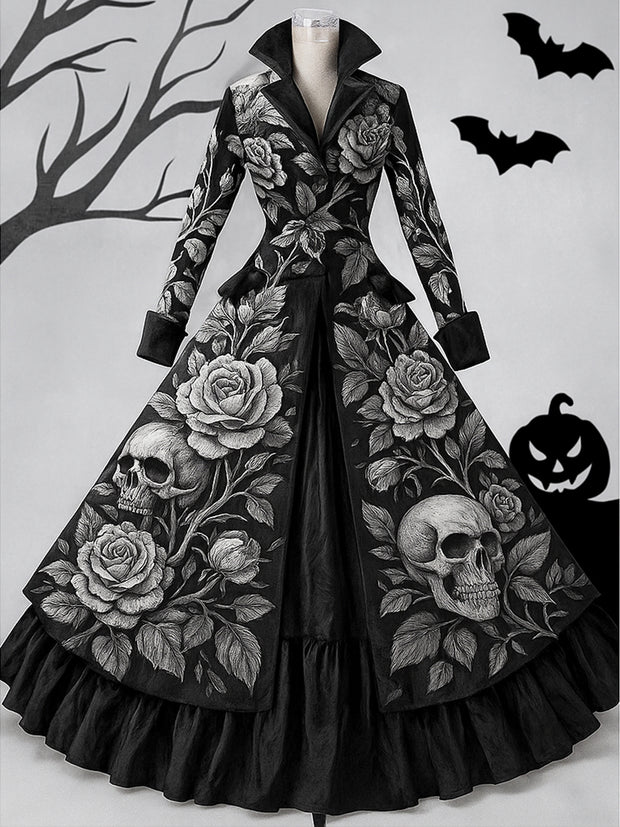 Retro Gothic Skull Floral Art Printed Vintage Lapel V-Neck Button Up Double Hem Long-Sleeved Midi Dress
