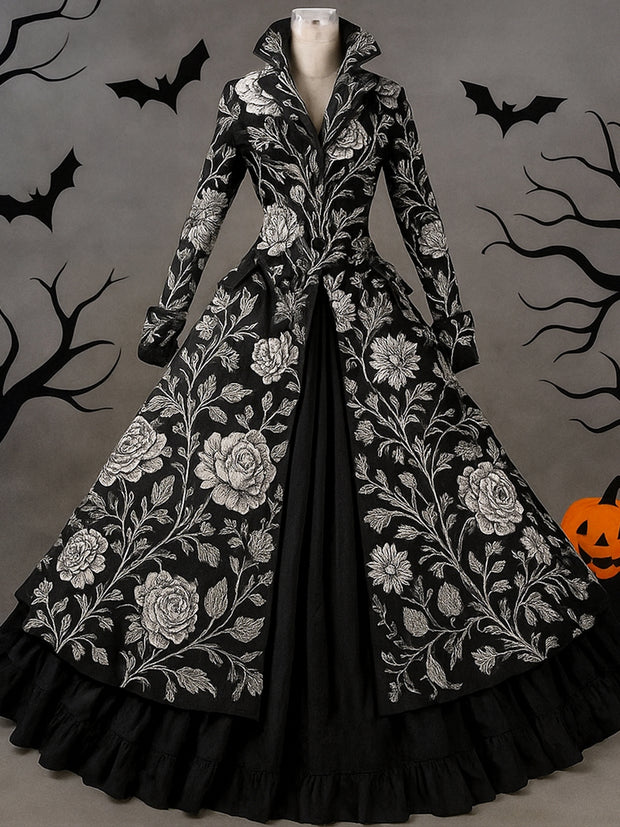 Gothic Floral Art Print Vintage Lapel Button Up Double Hem Long Sleeve Maxi Dress