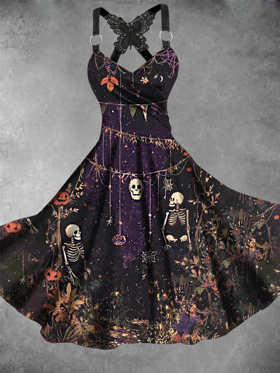 Retro Halloween Gothic Floral Art Printed Vintage V-Neck Pleated Butterfly Cross-Wrap Midi Dress