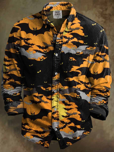 Retro Halloween Gothic Art Abstract Printed Cotton Vintage Casual Cotton Long Sleeve Shirt