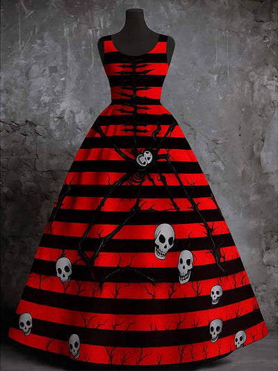 Retro Gothic Floral Art Print Vintage V-Neck Sleeveless Cotton Maxi Dress