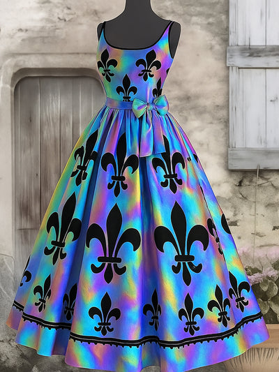 Retro Gothic Floral Art Print V-Neck Sleeveless Cotton Maxi Dress