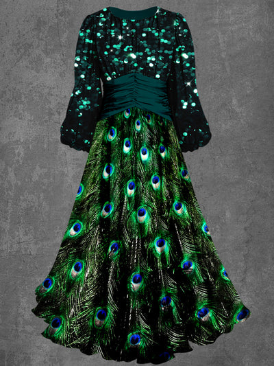 Peacock Art Printed Vintage Round Neck Long Sleeve Maxi Dress