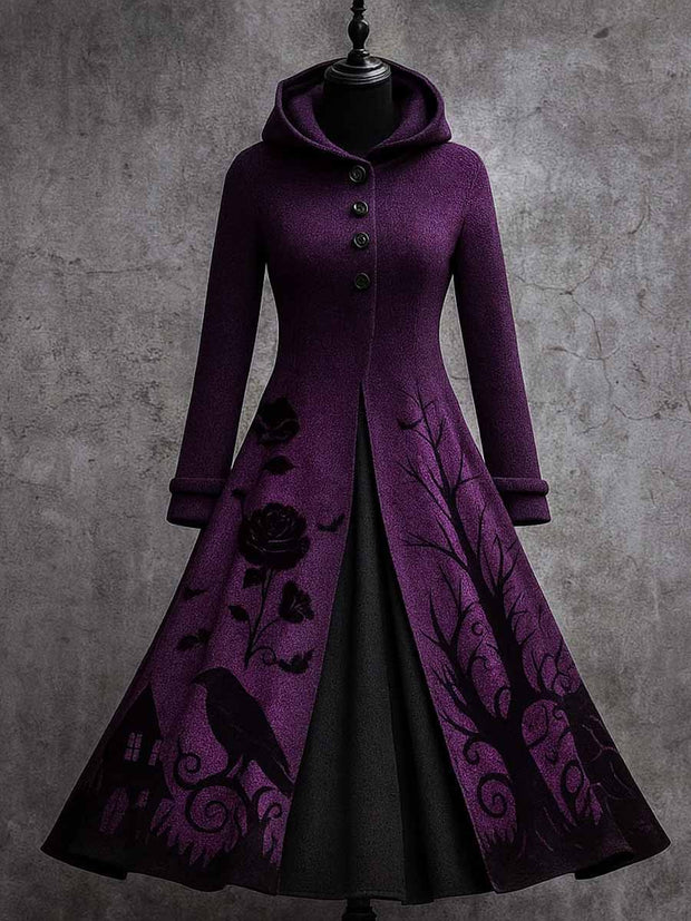 Gothic Crow Art Print Vintage Long Sleeve Hooded Maxi Dress
