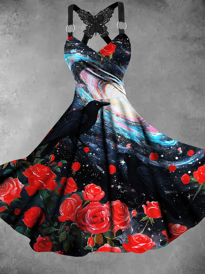 Retro Crow Floral Art Printed Vintage V-Neck Pleated Butterfly Cross-Wrap Midi Dress