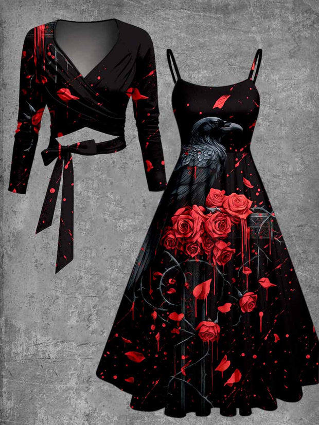 Gothic Raven Art Print Vintage Long Sleeve Two-Piece Midi Dress