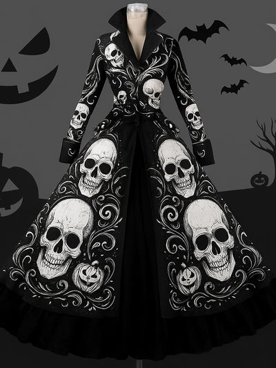 Gothic Skull Art Print Vintage Lapel Button Up Double Hem Long Sleeve Midi Dress
