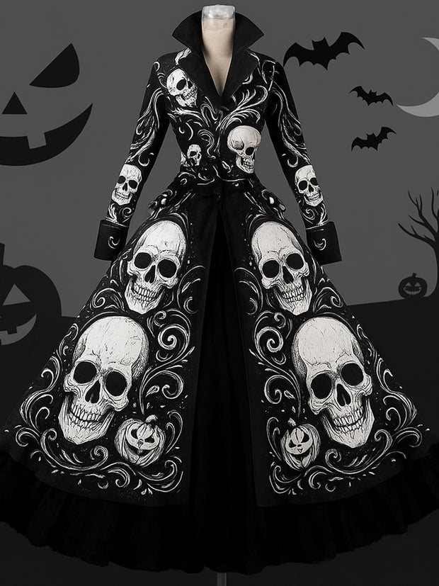 Gothic Skull Art Print Vintage Lapel Button Up Double Hem Long Sleeve Midi Dress
