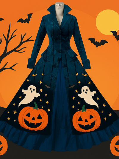 Halloween Pumpkin Art Print Vintage Lapel Button Up Double Hem Long Sleeve Maxi Dress