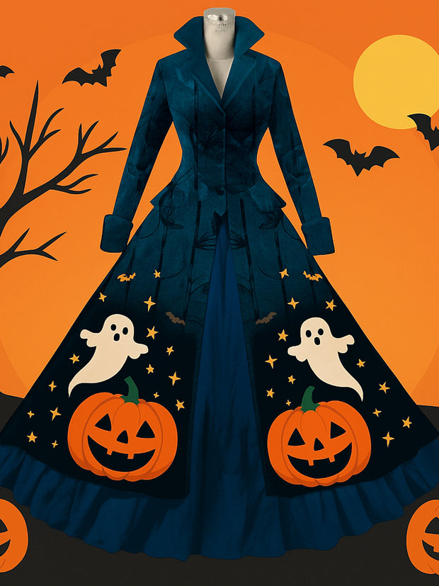 Halloween Pumpkin Art Print Vintage Lapel Button Up Double Hem Long Sleeve Maxi Dress