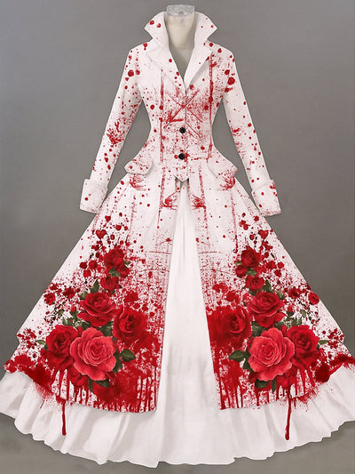 Retro Gothic Skull Floral Art Printed Vintage Lapel V-Neck Button Up Double Hem Long-Sleeved Midi Dress