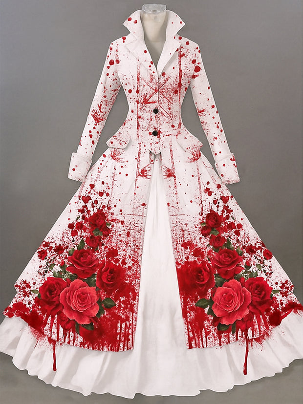 Retro Gothic Skull Floral Art Printed Vintage Lapel V-Neck Button Up Double Hem Long-Sleeved Midi Dress