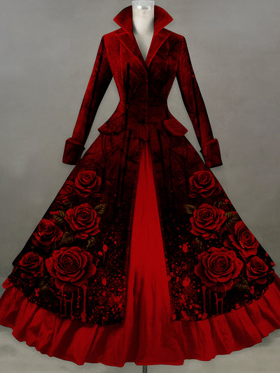 Retro Gothic Skull Floral Art Printed Vintage Lapel V-Neck Button Up Double Hem Long-Sleeved Midi Dress