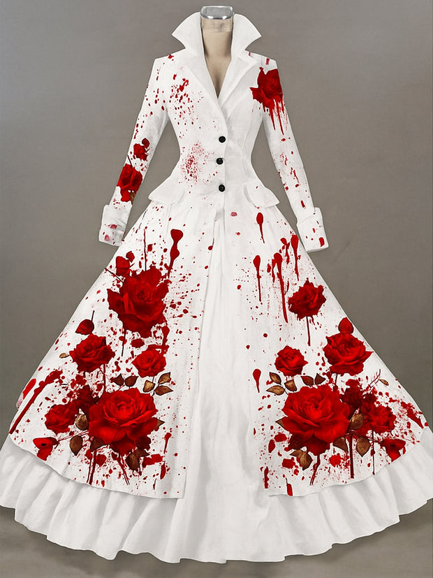Retro Gothic Skull Floral Art Printed Vintage Lapel V-Neck Button Up Double Hem Long-Sleeved Midi Dress
