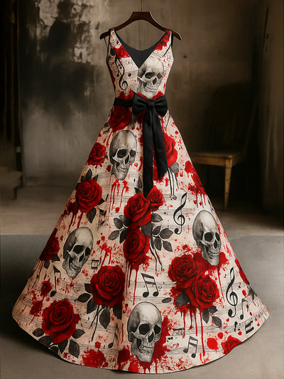 Retro Gothic Skull Floral Art Print V-Neck Sleeveless Cotton Maxi Dress