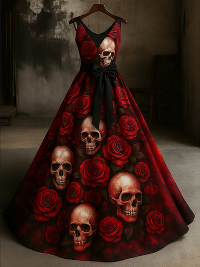 Retro Gothic Skull Floral Art Print V-Neck Sleeveless Cotton Maxi Dress