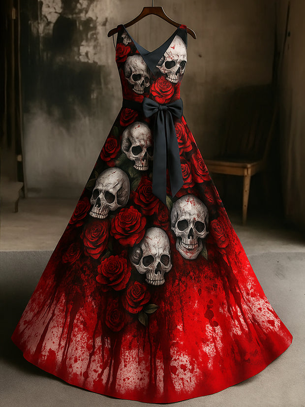Retro Gothic Skull Floral Art Print V-Neck Sleeveless Cotton Maxi Dress