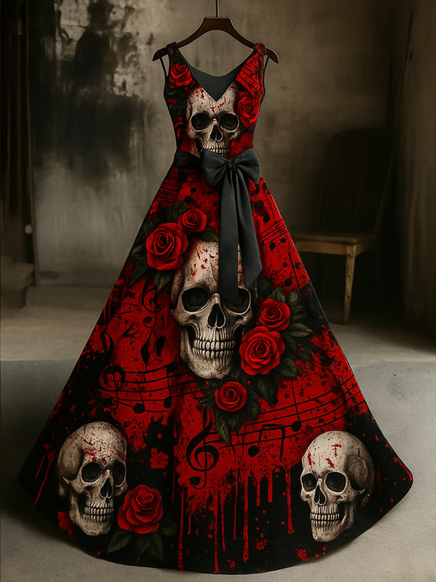 Retro Gothic Skull Floral Art Print V-Neck Sleeveless Cotton Maxi Dress