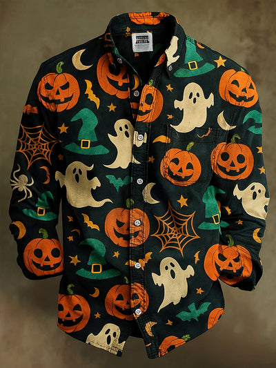 Retro Gothic Skull Halloween Art Abstract Printed Cotton Vintage Casual Cotton Long Sleeve Shirt