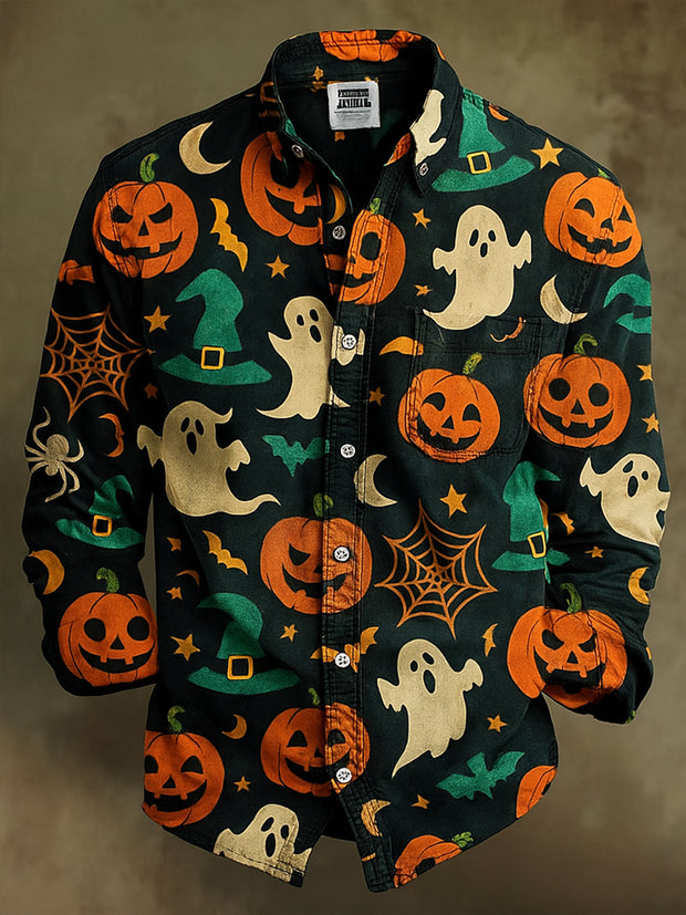 Retro Gothic Skull Halloween Art Abstract Printed Cotton Vintage Casual Cotton Long Sleeve Shirt