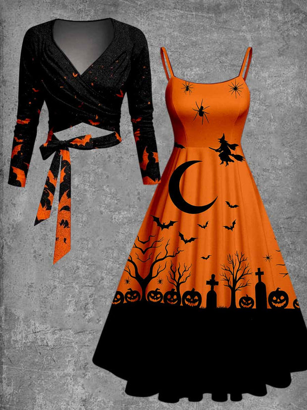 Halloween Art Print Vintage Long Sleeve Two-Piece Midi Dress