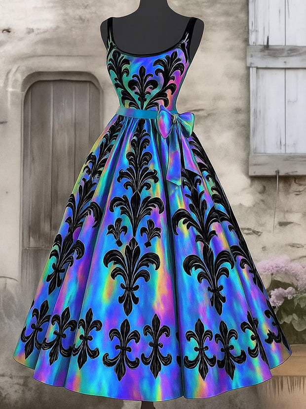 Retro Gothic Floral Art Print V-Neck Sleeveless Cotton Maxi Dress