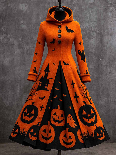 Gothic Pumpkin Art Print Vintage Long Sleeve Hooded Maxi Dress