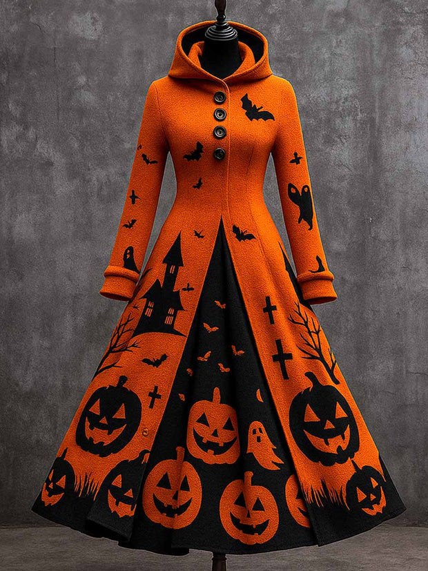 Gothic Pumpkin Art Print Vintage Long Sleeve Hooded Maxi Dress