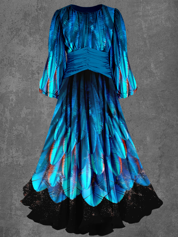 Gothic Plumage Art Printed Vintage Round Neck Long Sleeve Maxi Dress